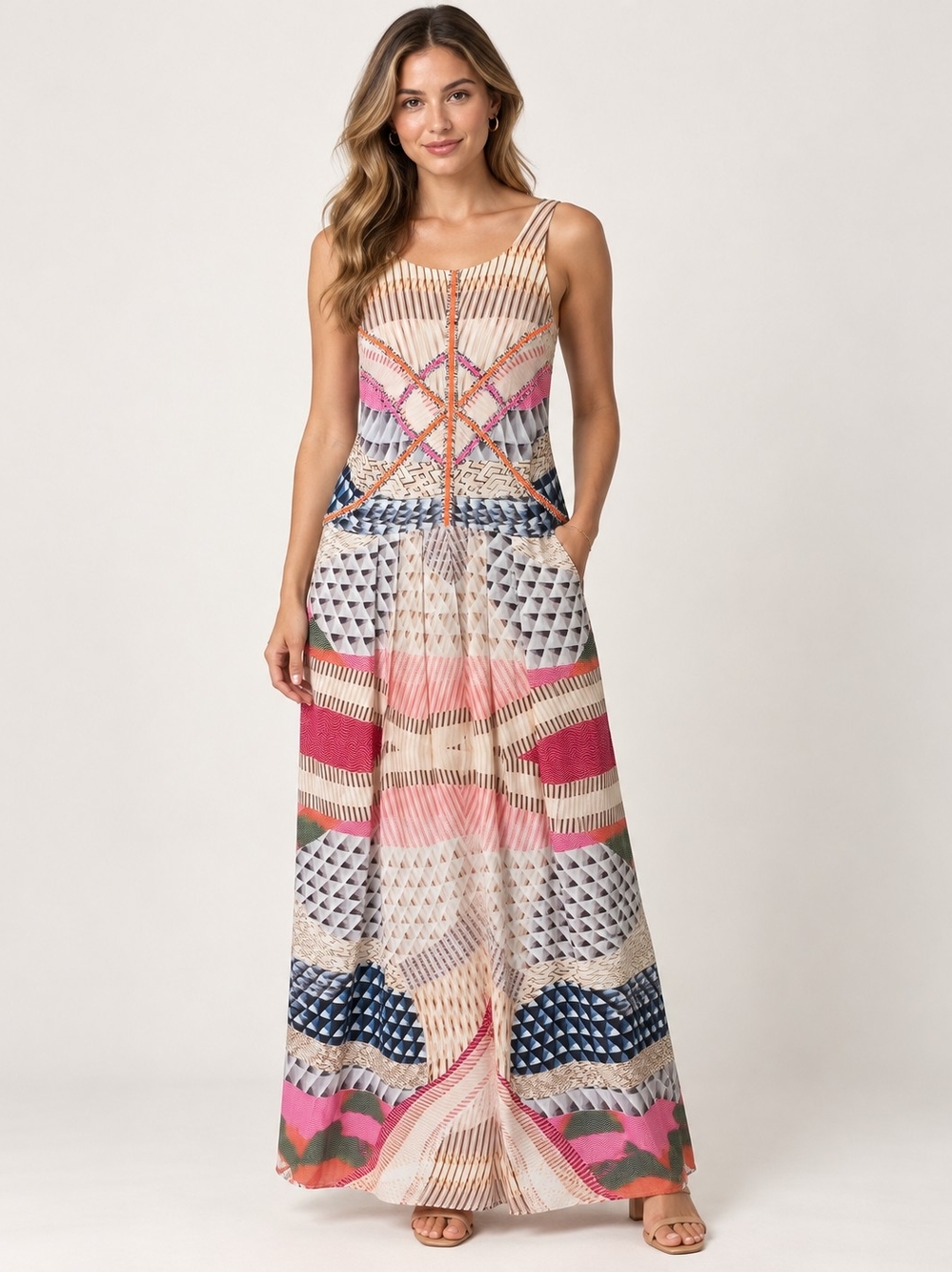 Ranna Gill MP Sleeveless Geometric Print Maxi Dress Lined Petite Boho Resort